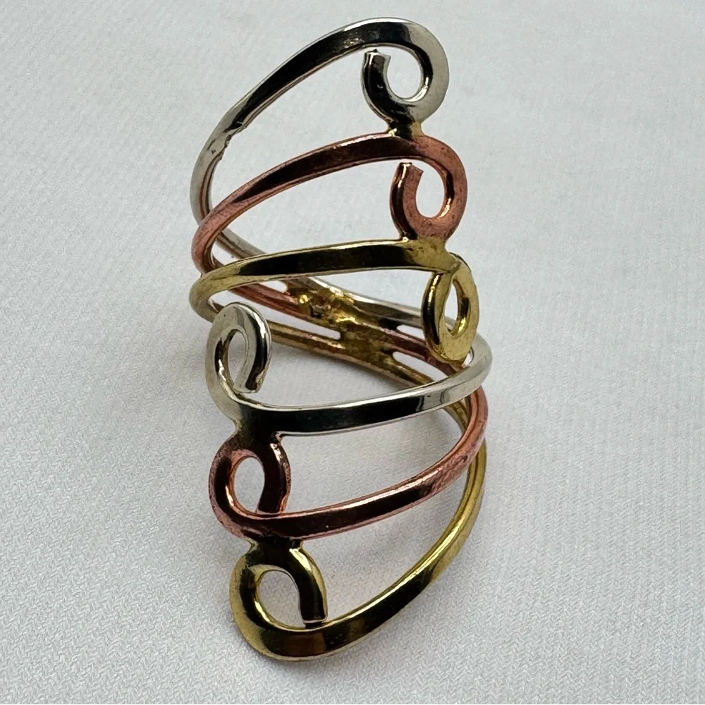 Vintage Mexico Tri Tone Silver Gold Rose Gold Overlay Swirl Statement Ring